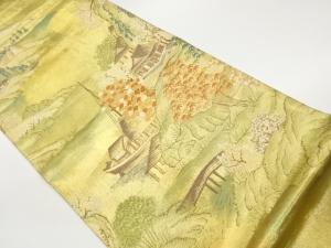 引箔和船・屋舎に岩山・木々風景模様織出し袋帯